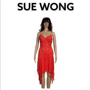 Sue Wong Orange Lace Sleeveless Asymmetrical Silk Babydoll Slip Midi Dress 4